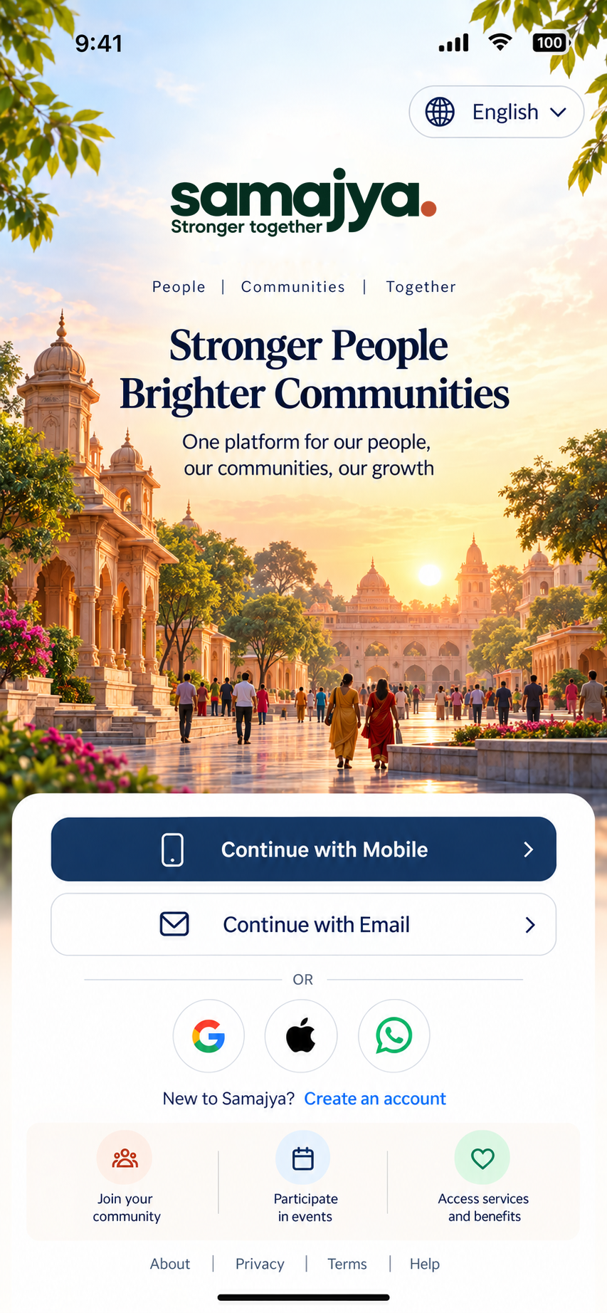 Samajya app welcome screen with mobile and email entry options, from the supplied app design