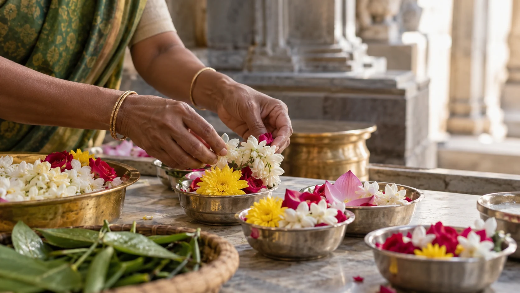 Illustration of hands arrange fresh flowers in small bowls on a preparation table.