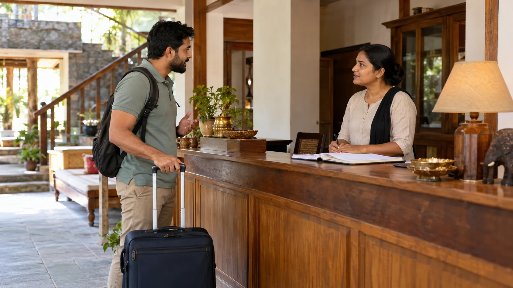 Illustration of a traveller makes an enquiry at a modest guesthouse reception.
