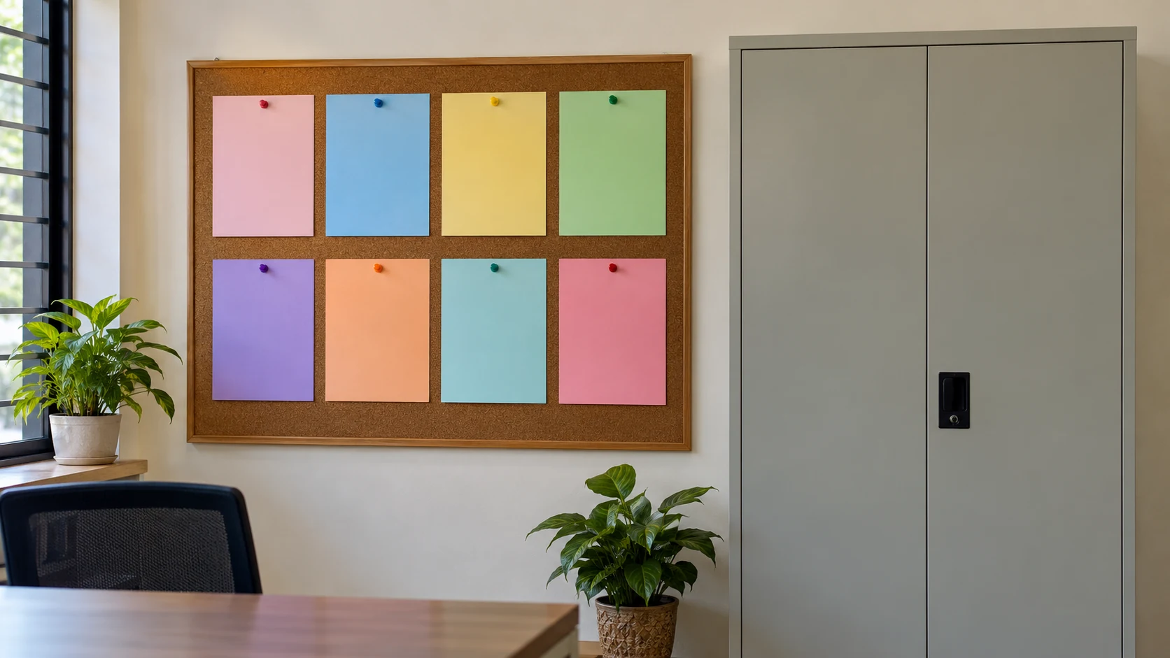 Illustration of blank coloured cards arranged on a noticeboard beside a document cabinet.