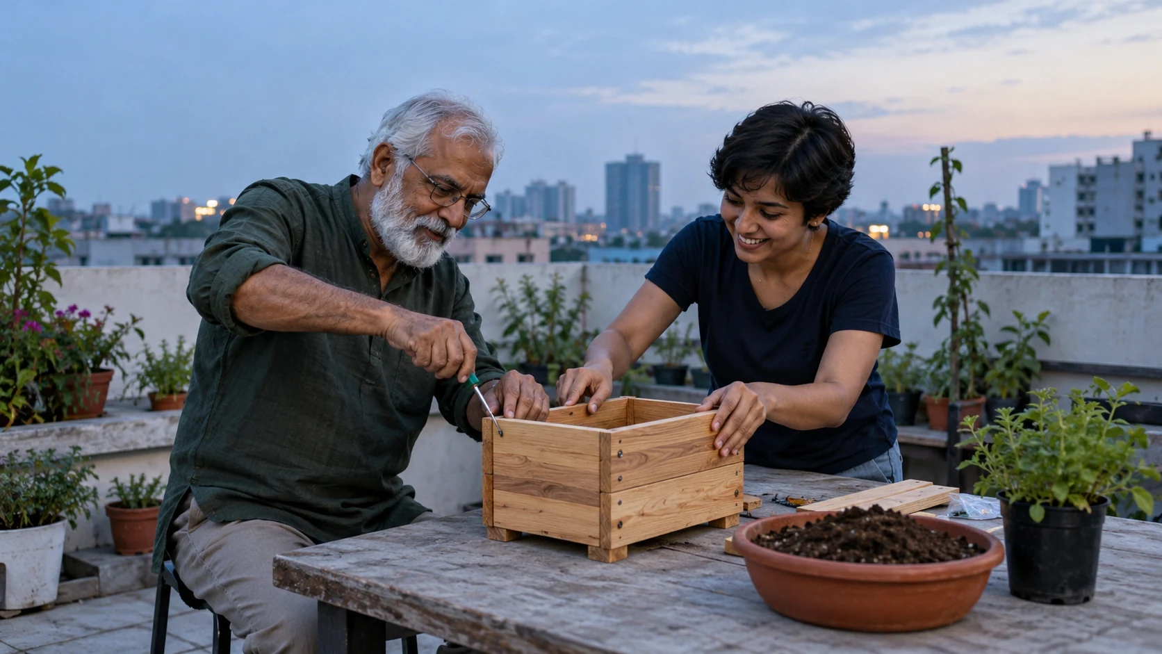 Illustration of an older man and younger woman assemble a wooden planter together.
