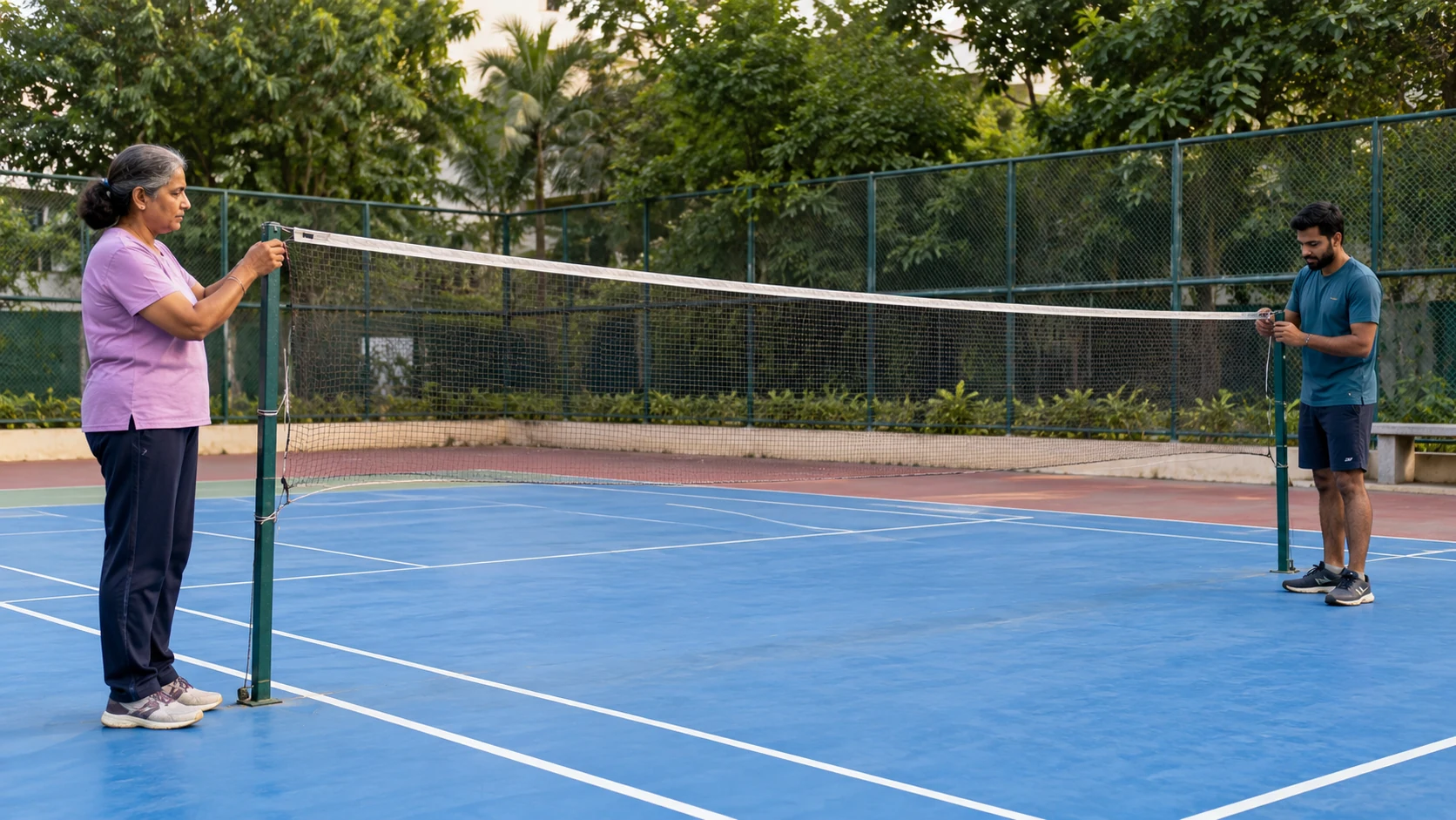 Illustration of two adults set up a badminton net before play.