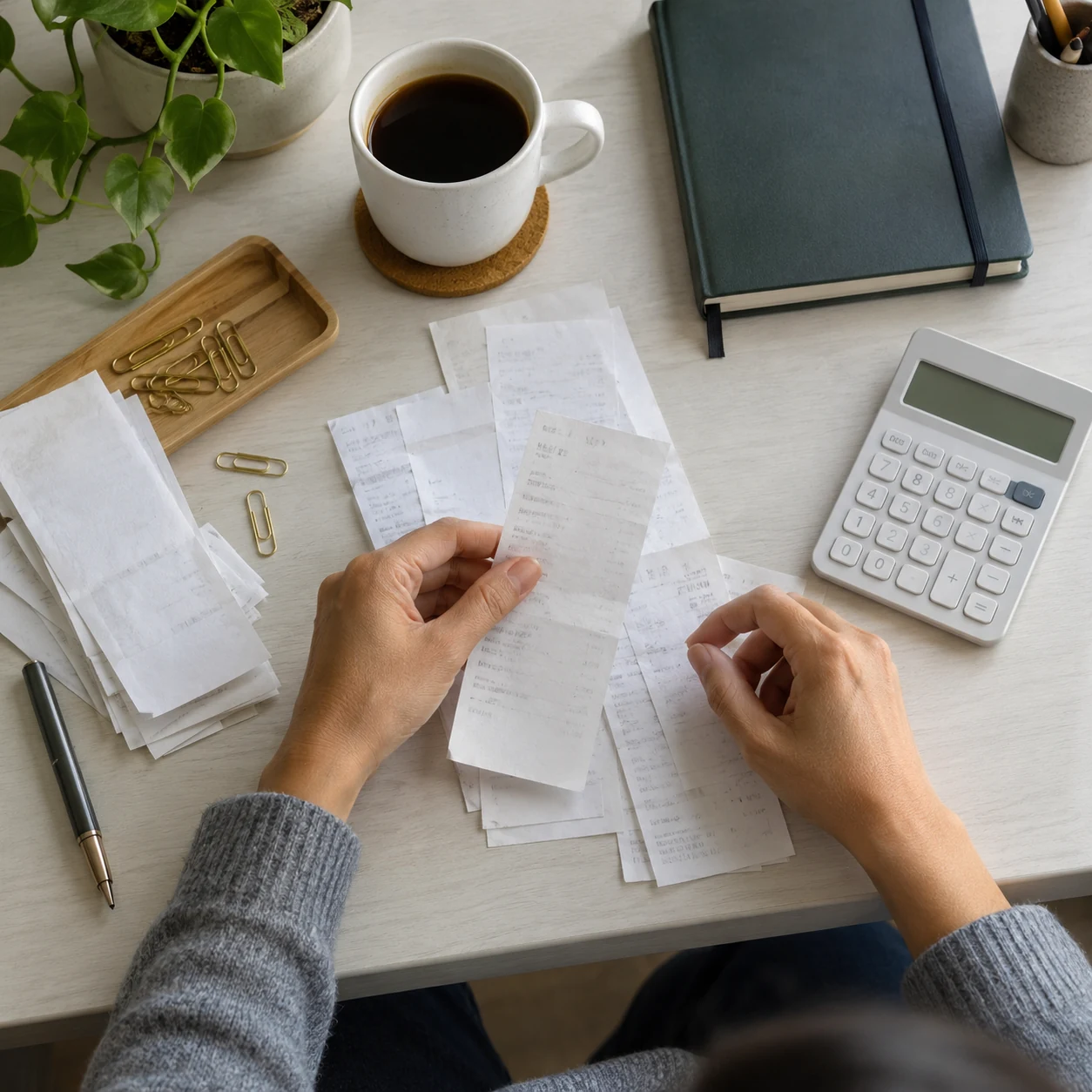 Illustration of hands review paper receipts beside a calculator and closed ledger.