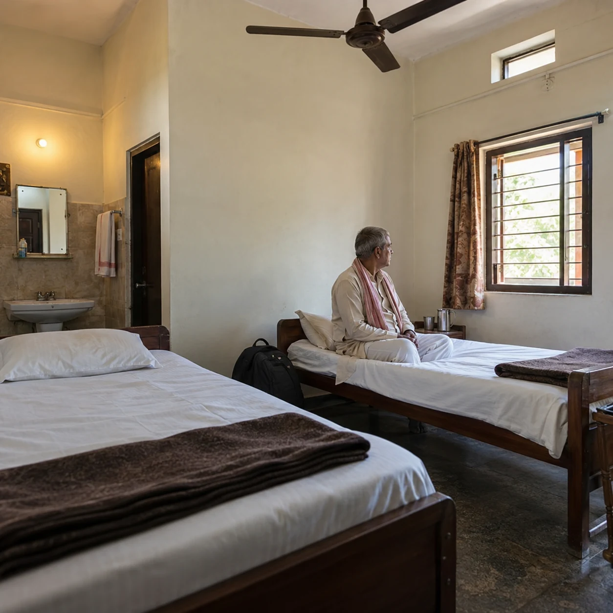 Illustration of a traveller sits in a simple guest room with two single beds.