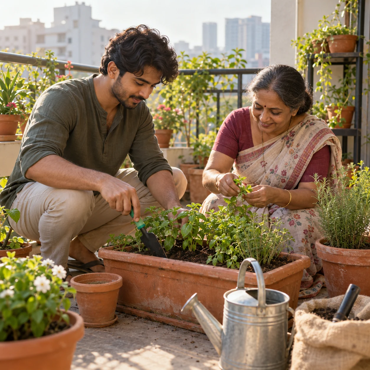 Illustration of an older woman and younger man tend herbs together on a balcony.
