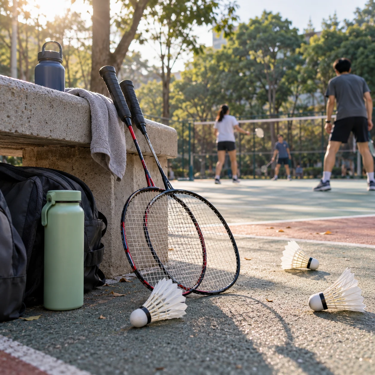 Illustration of rackets, shuttlecocks and water bottles beside a badminton court.