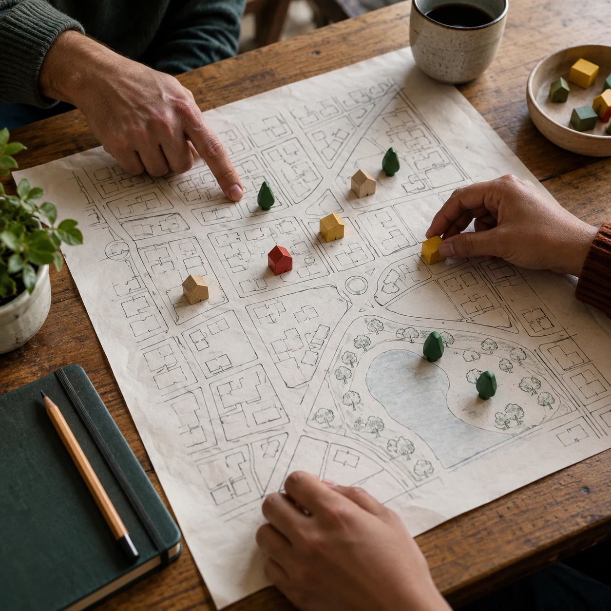 Illustration of hands arrange small markers on a drawn street grid.