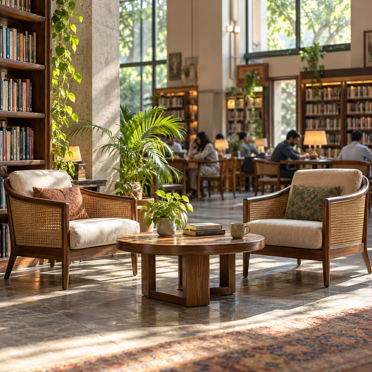 Illustration of two empty armchairs in a library cafe with patrons in the background.