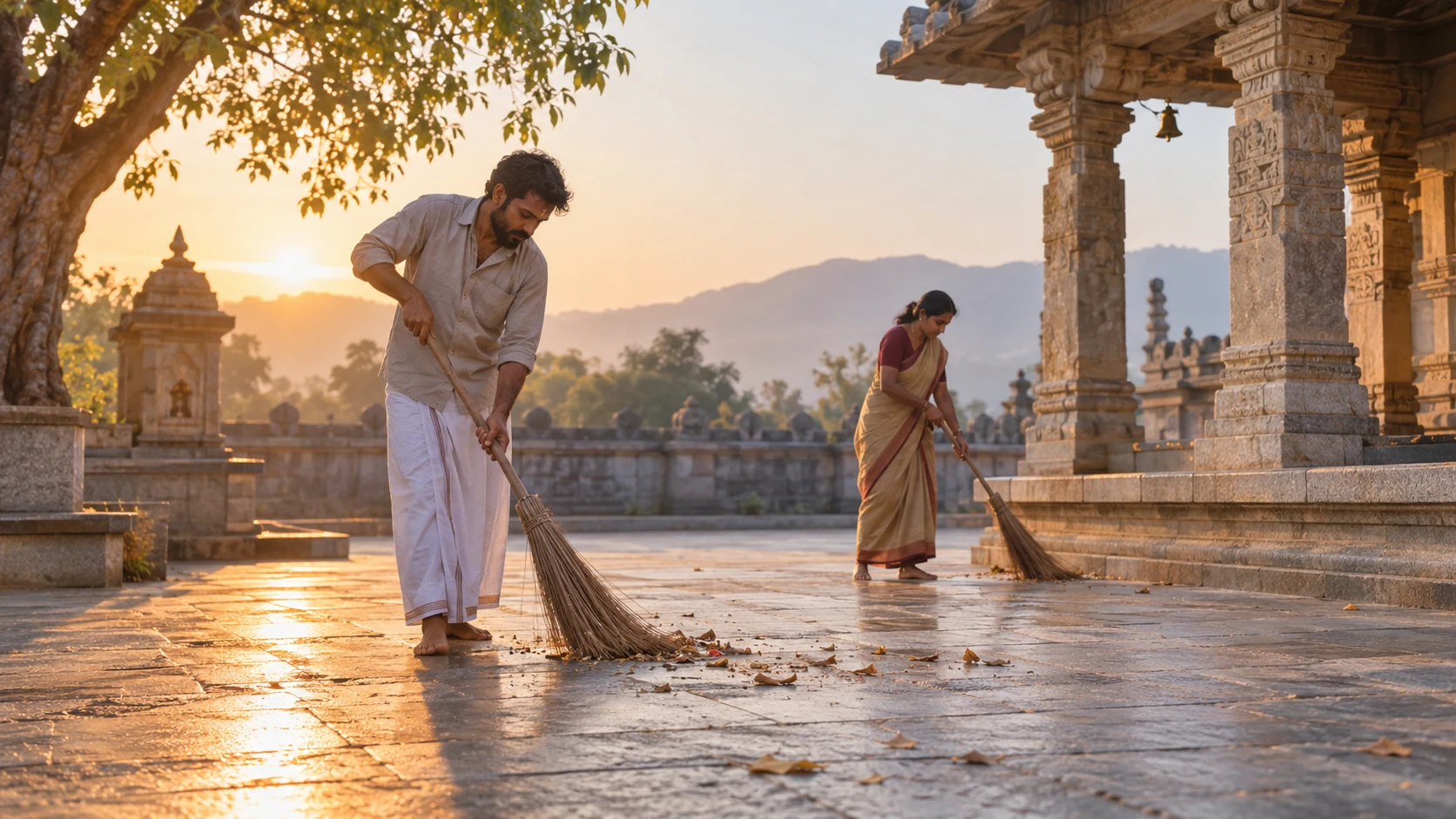 Illustration of two adults sweep a stone temple courtyard.