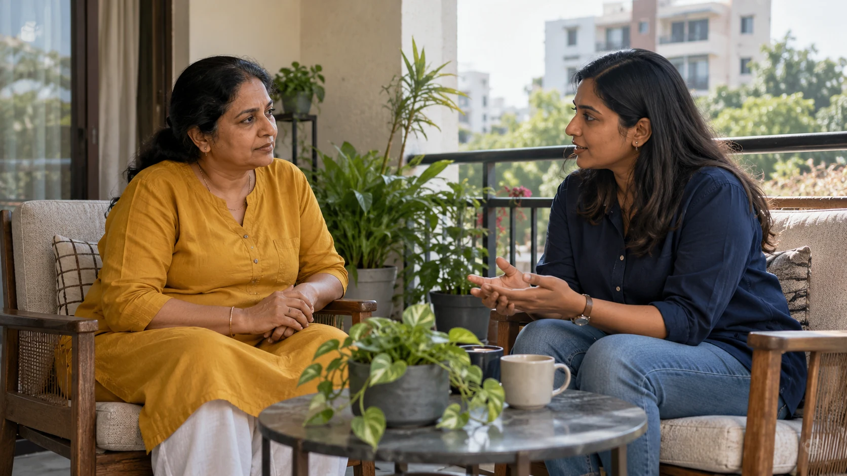 Illustration of two women talk as equals on a shaded veranda.