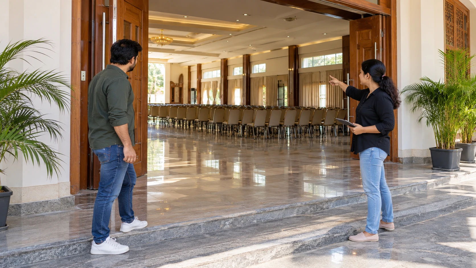 Illustration of two adults check the entrance and seating of an empty community hall.