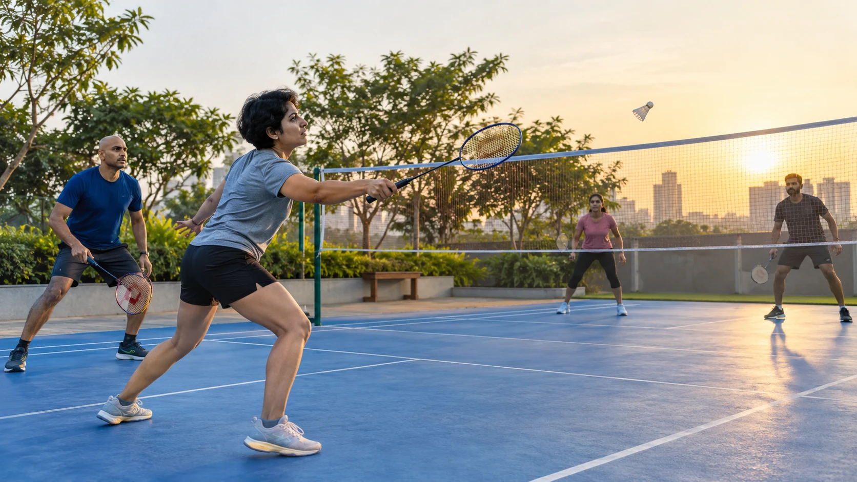 Illustration of four adults play badminton on an outdoor blue court.