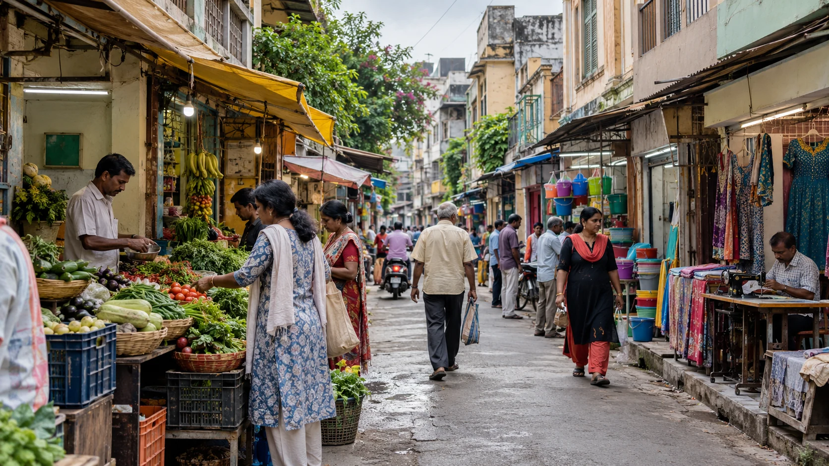 Illustration of people walk along a neighbourhood street lined with small shops.