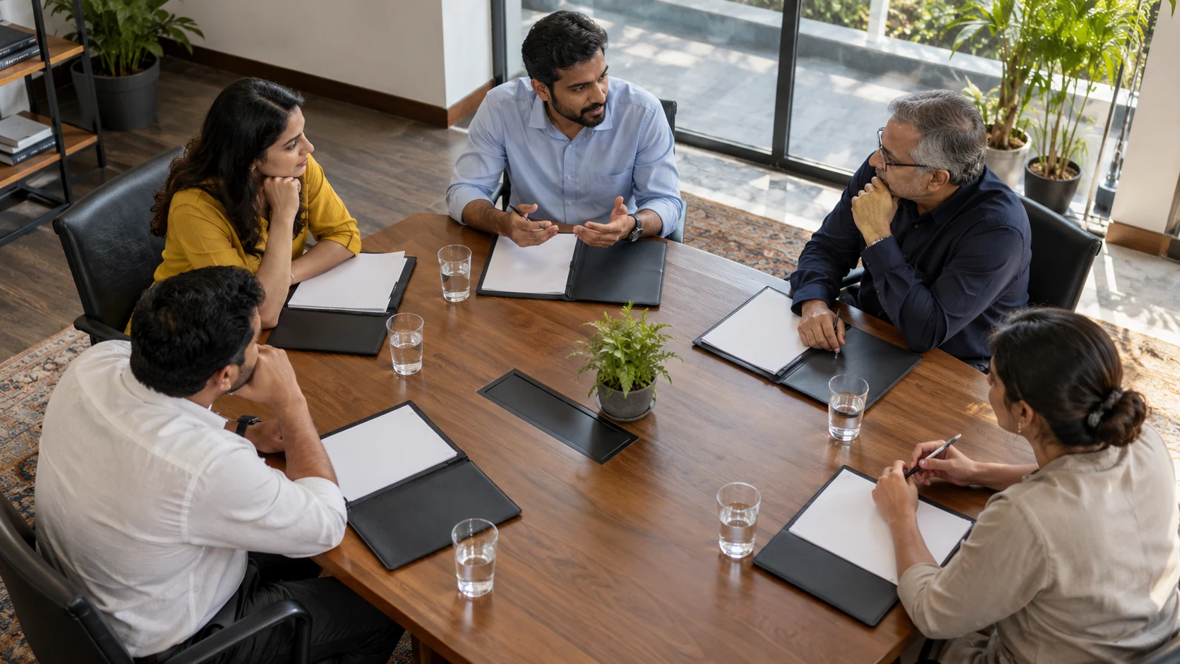 Illustration of five adults consider a matter around a committee table.