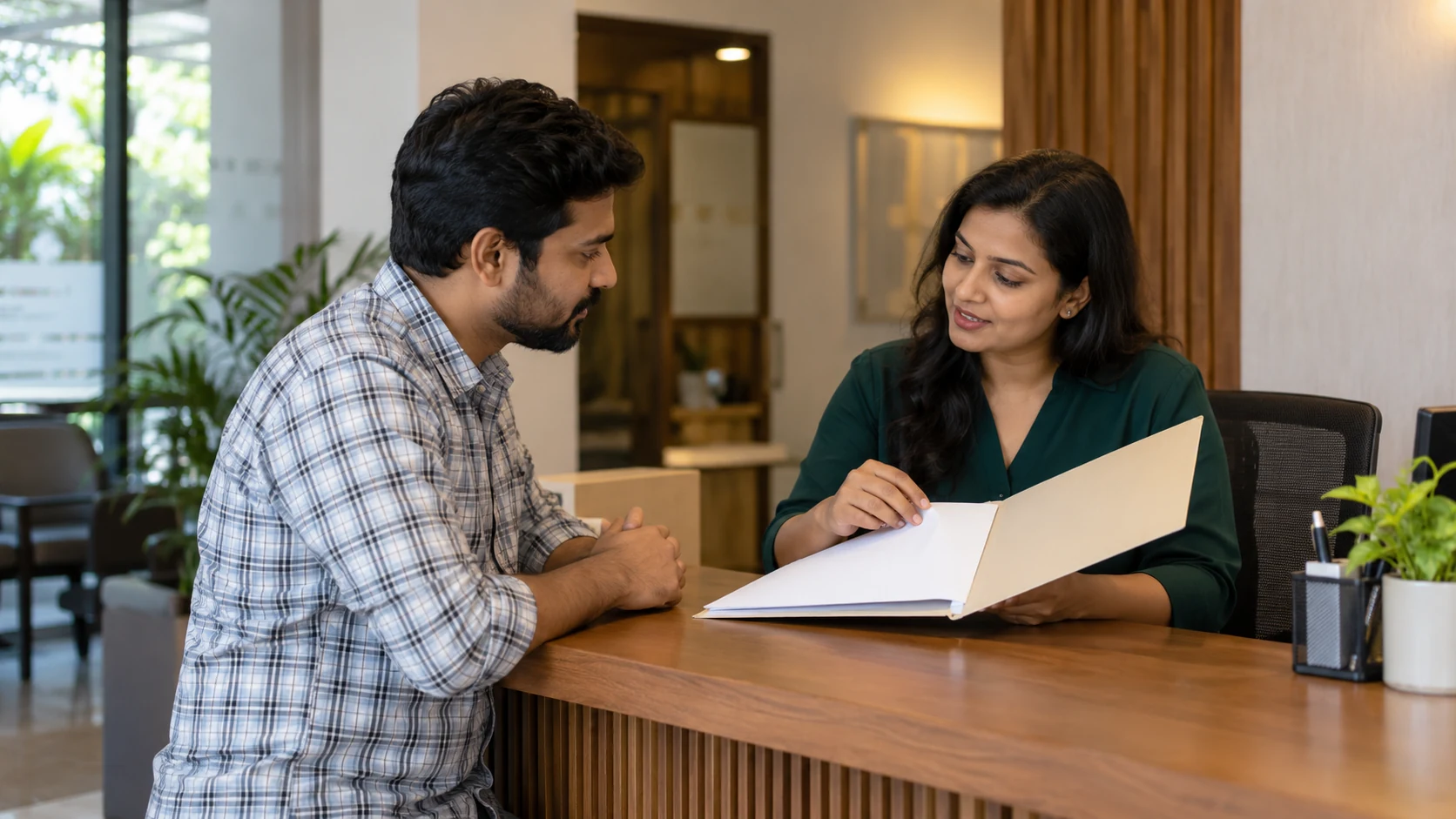 Illustration of two adults discuss a folder across an association reception counter.