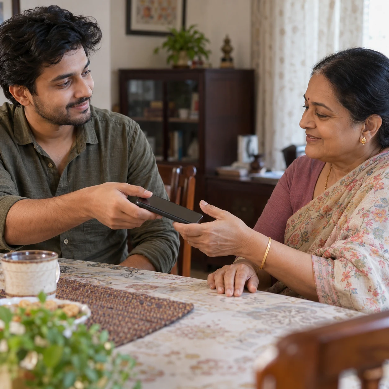 A younger adult hands a phone back to an older woman at a home table.