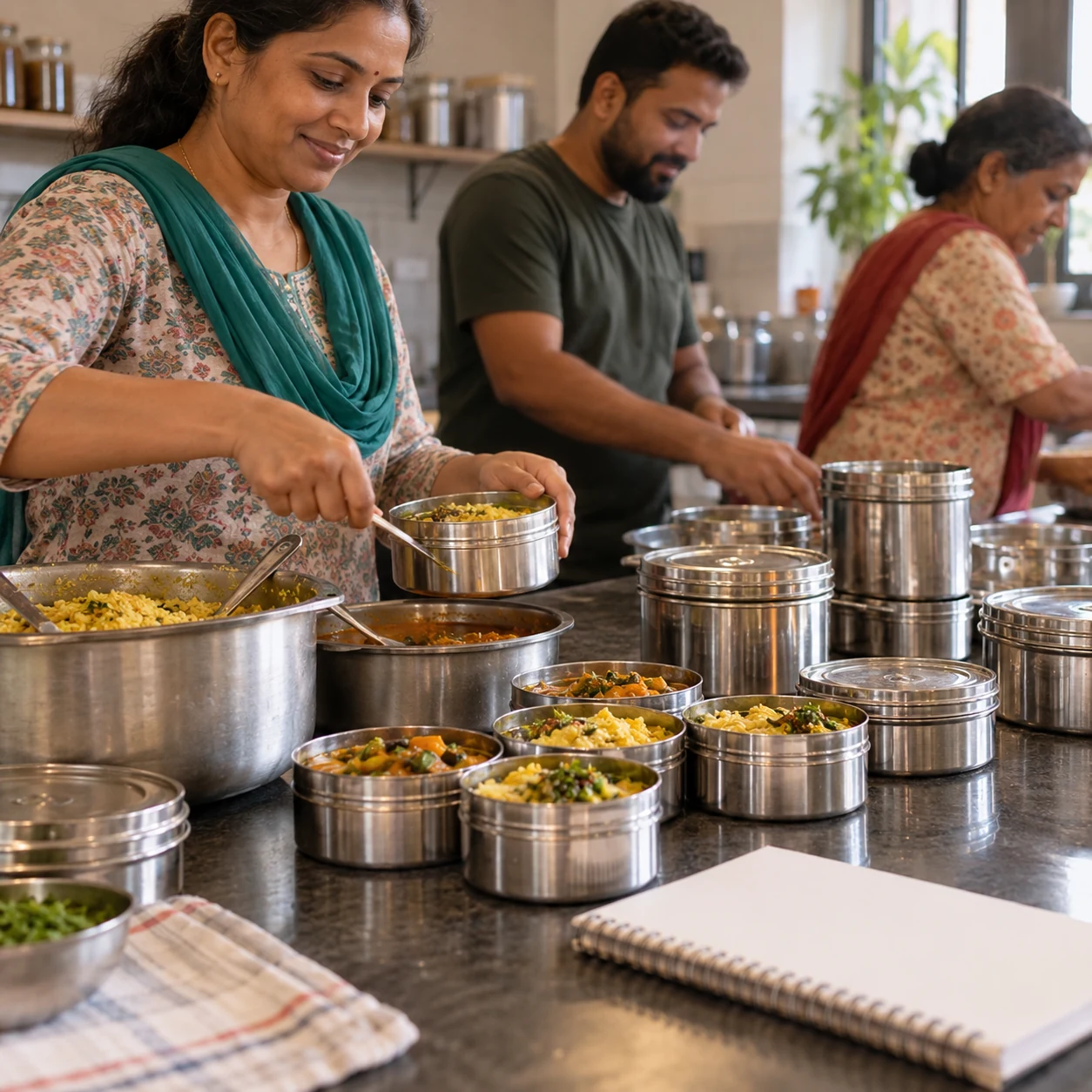 Adults portion food into reusable meal vessels beside a plain notebook.