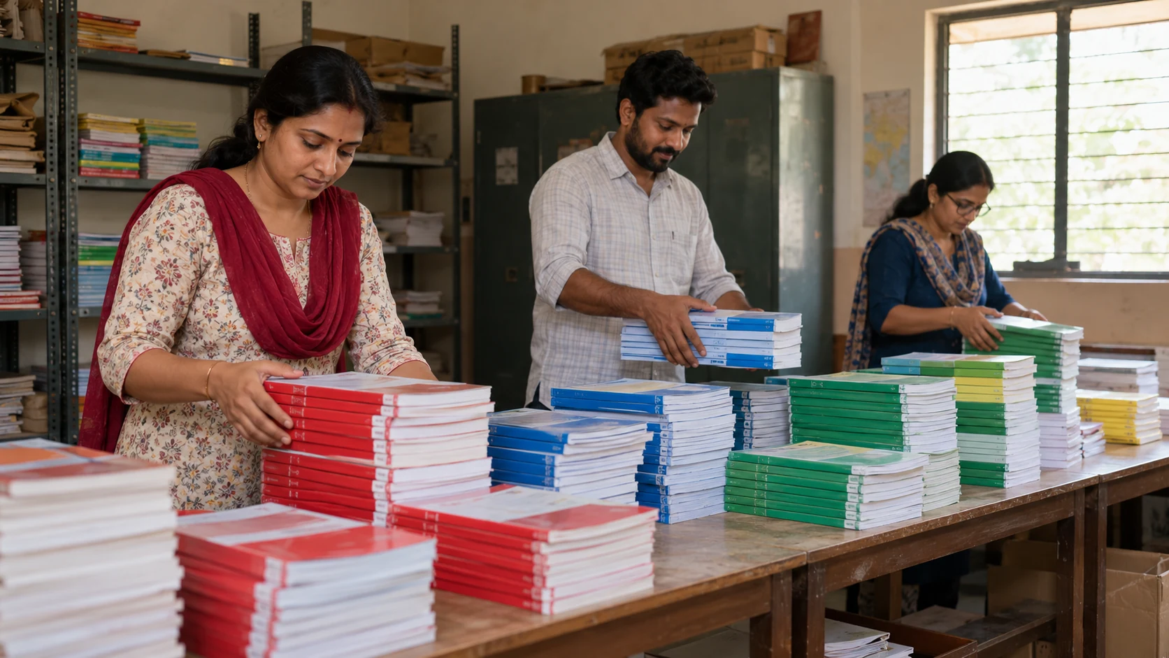 Three adults sort school books into colour-grouped matching sets.
