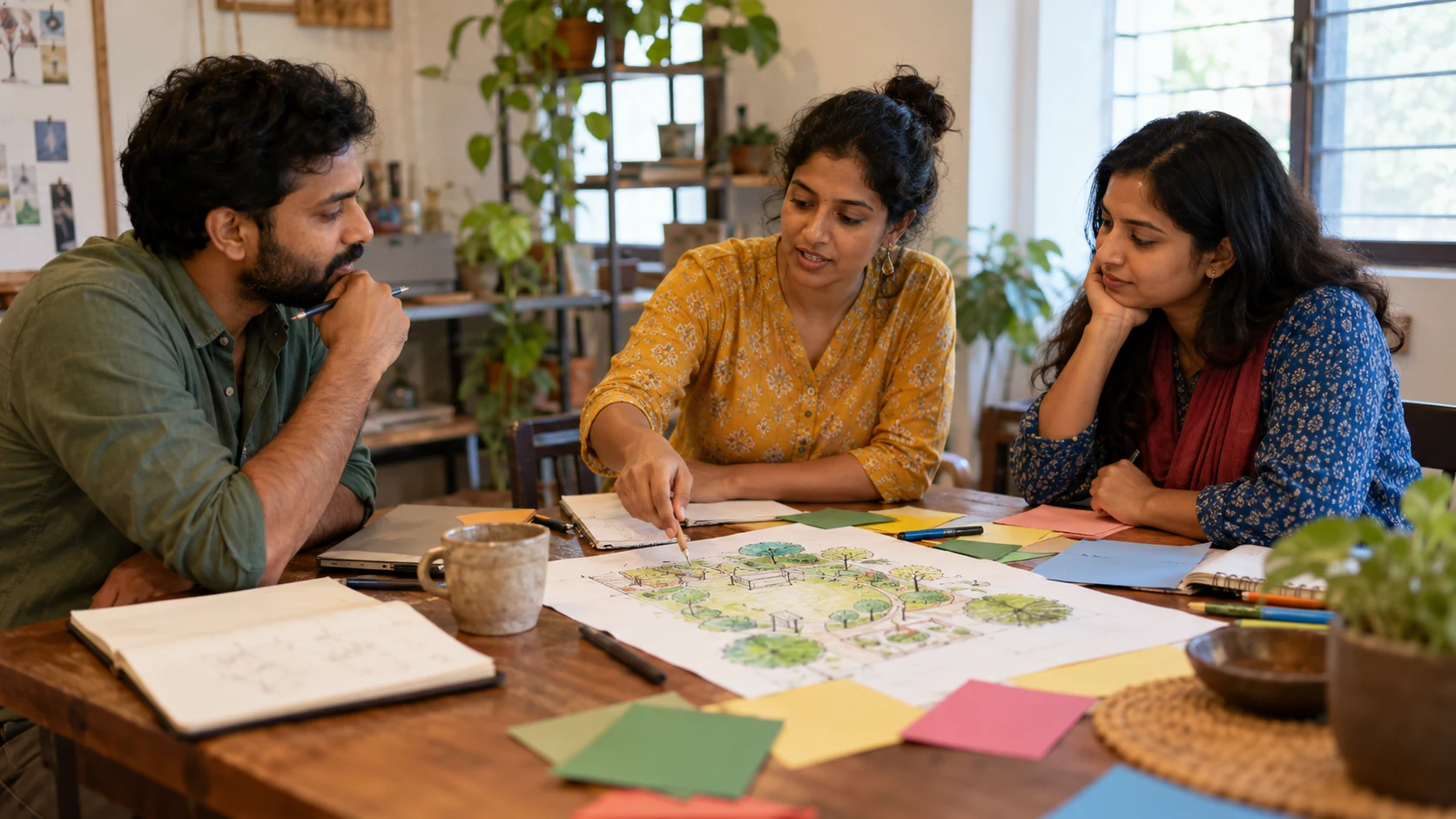 Three adults discuss a garden sketch and blank planning cards.