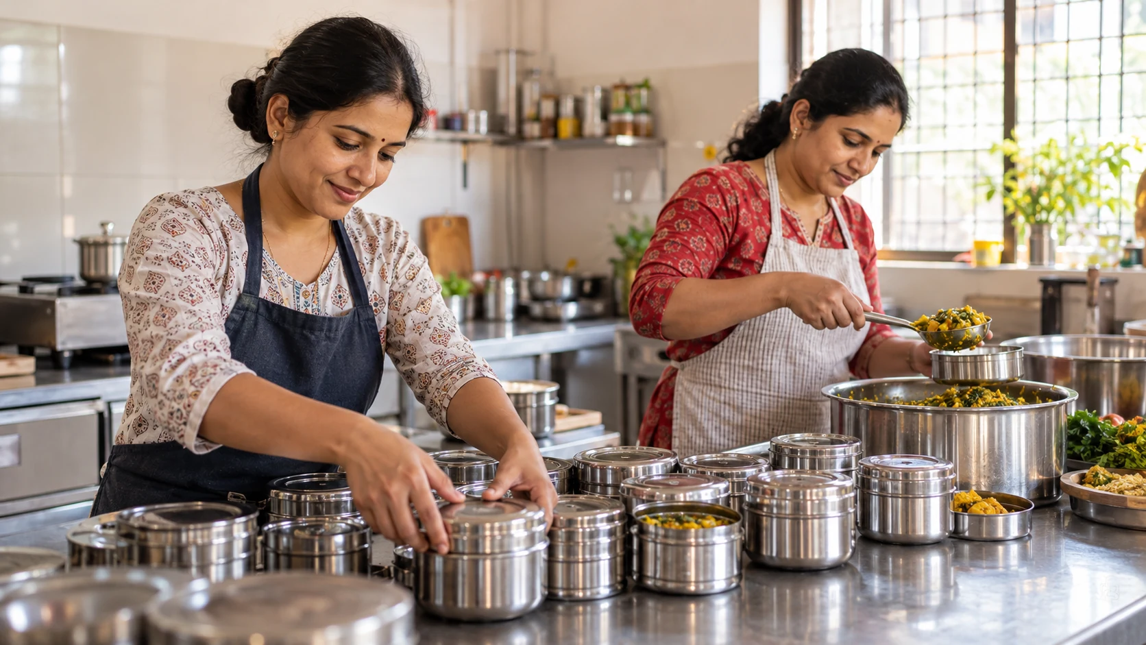 Two adults prepare cooked meals in reusable steel containers in a clean kitchen.