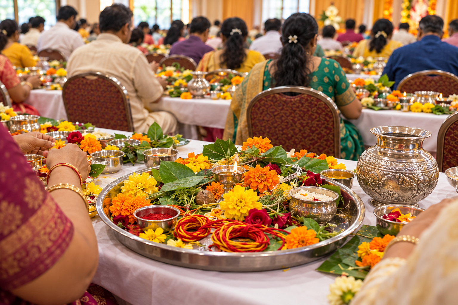 Devotional gathering with pooja materials and offerings
