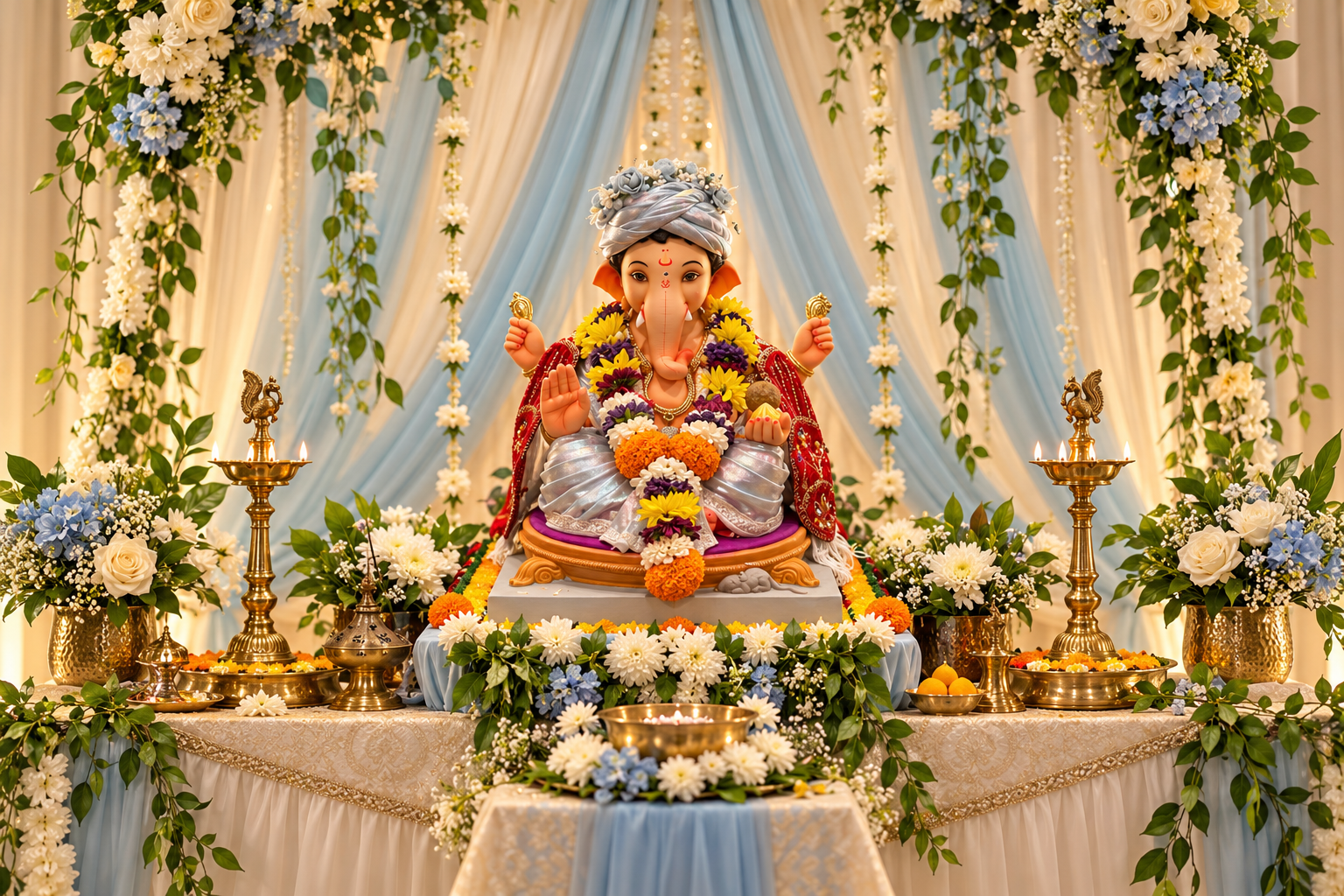 Ganesh idol with flowers, lamps and devotional offerings