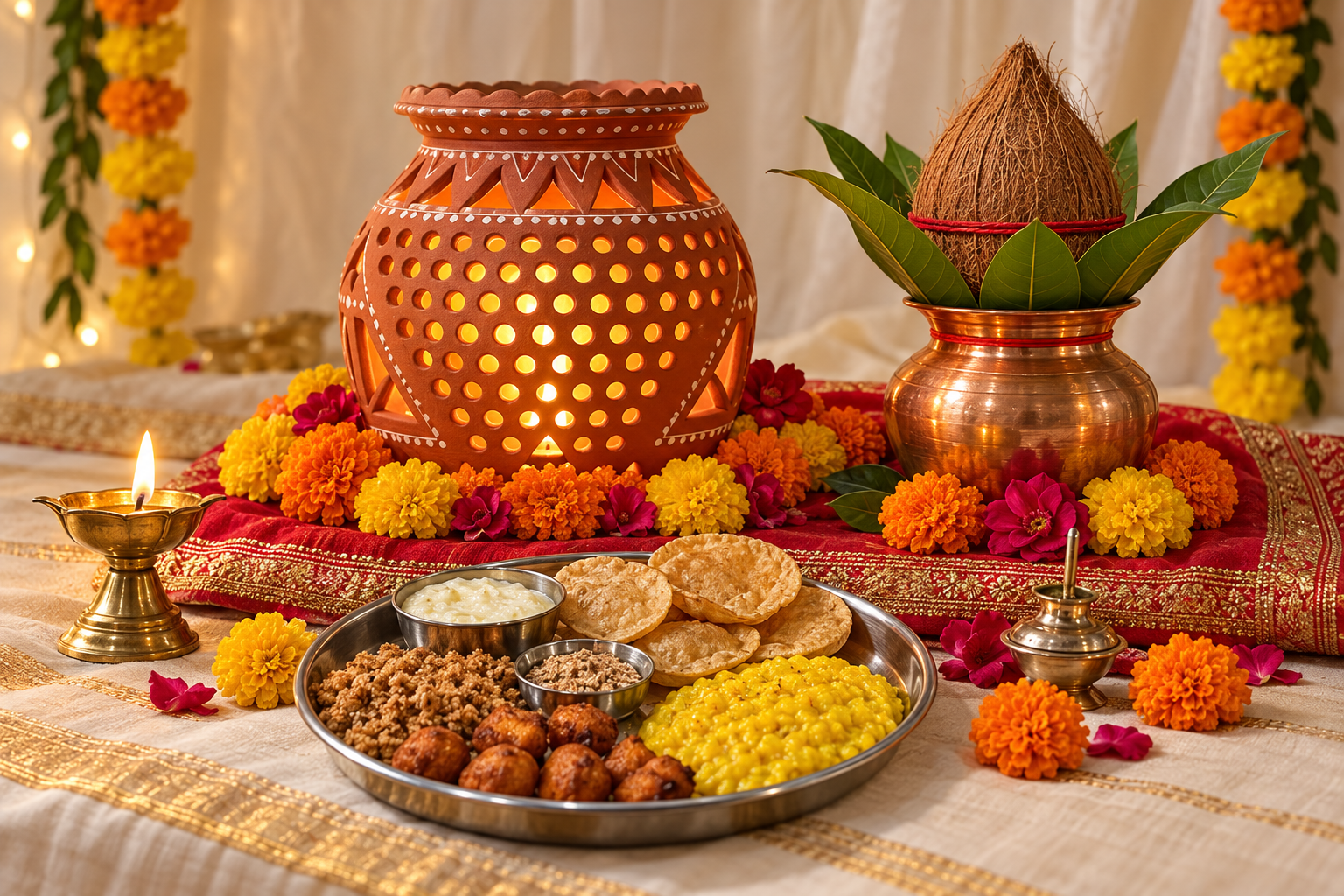 Garbi and kalash with flowers, lamps and devotional offerings