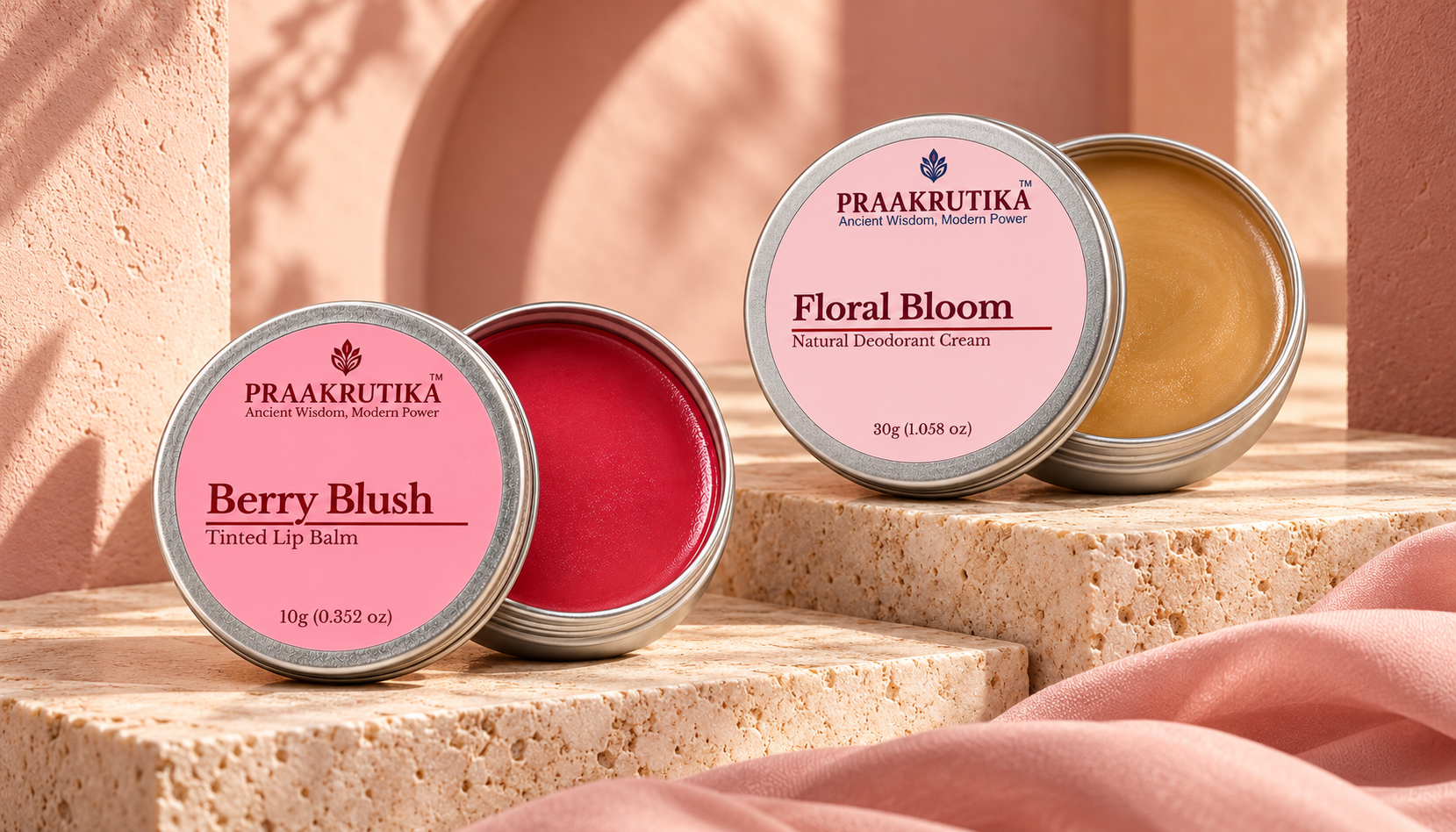 PRAAKRUTIKA Berry Blush and Floral Bloom — approved lip and body-care advertising artwork