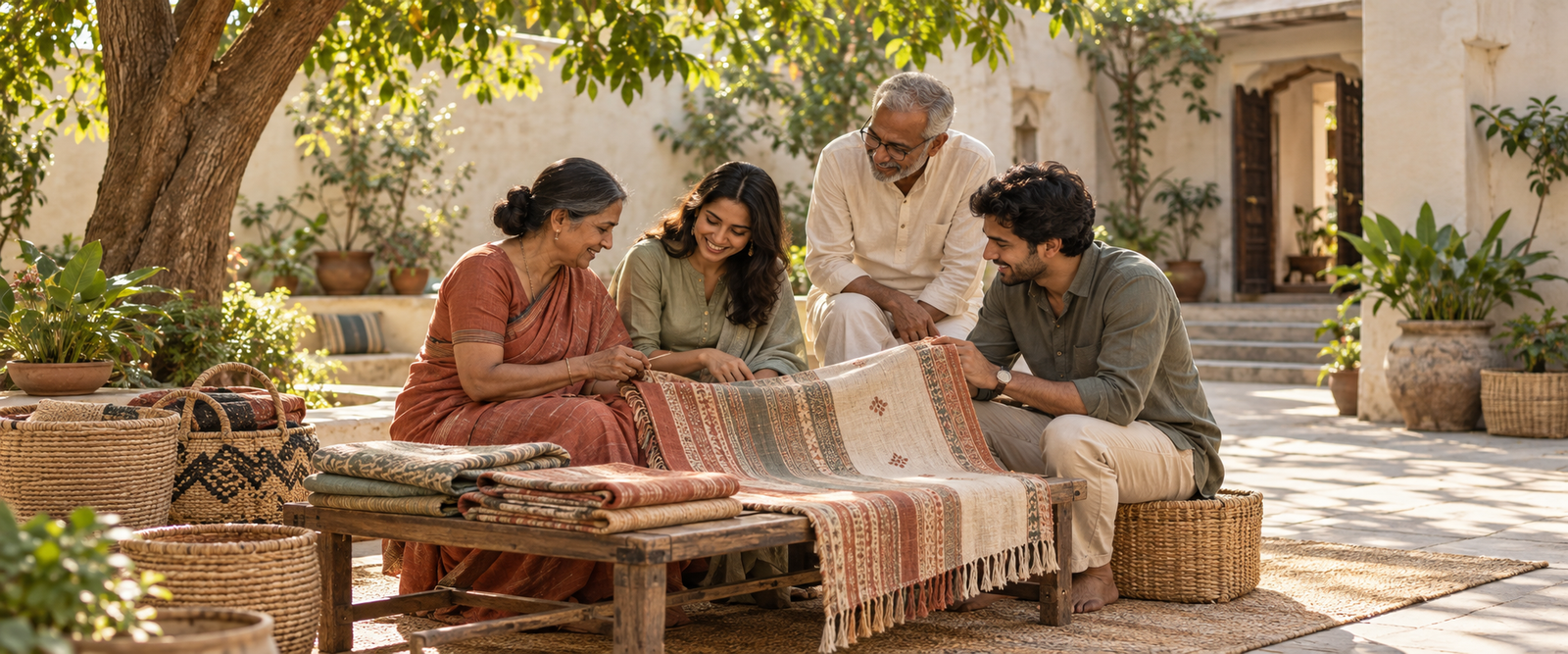 Illustration of younger and older adults sharing artisan textiles in a tree-shaded courtyard