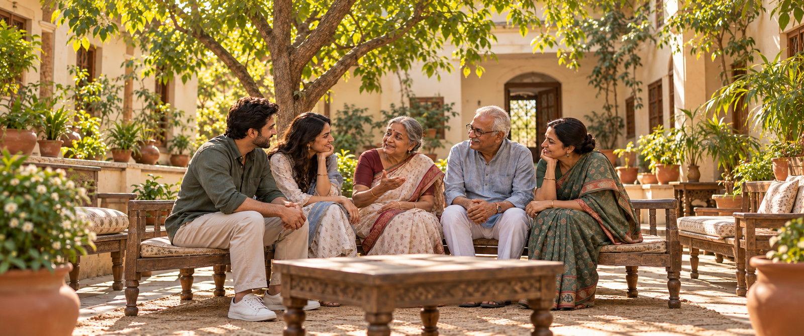 People from different generations sharing a conversation in a shaded courtyard